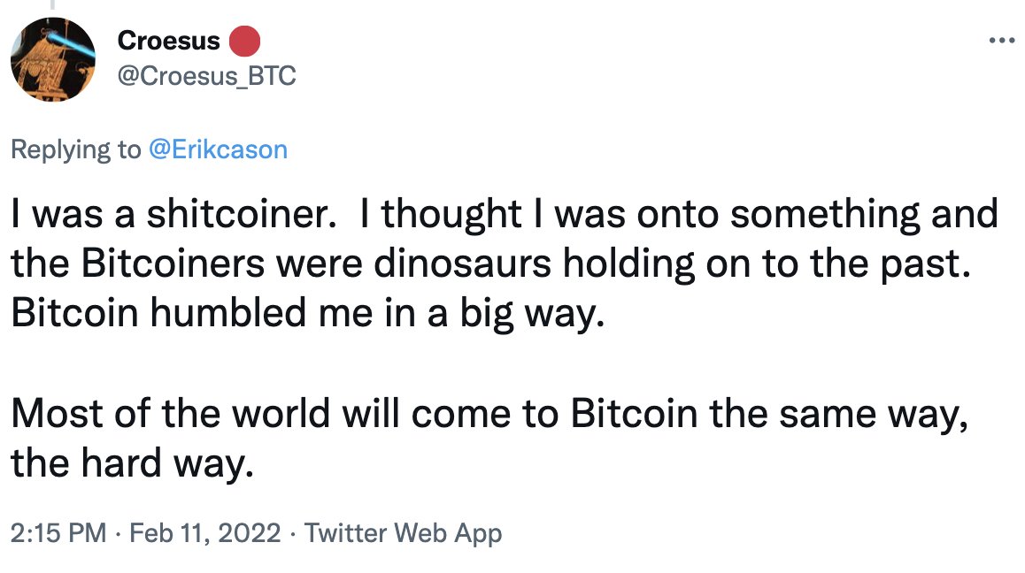 TuurDemeester's tweet image. In one sense, OG bitcoiners had it easy. 
To adopt Bitcoin in 2010-'14 you mainly needed to be tenacious and a bit crazy—nobody took alts seriously. 
Today, newcomers must wade through a swamp of sleek shitcoin ("crypto") projects before they can appreciate Bitcoin's supremacy.