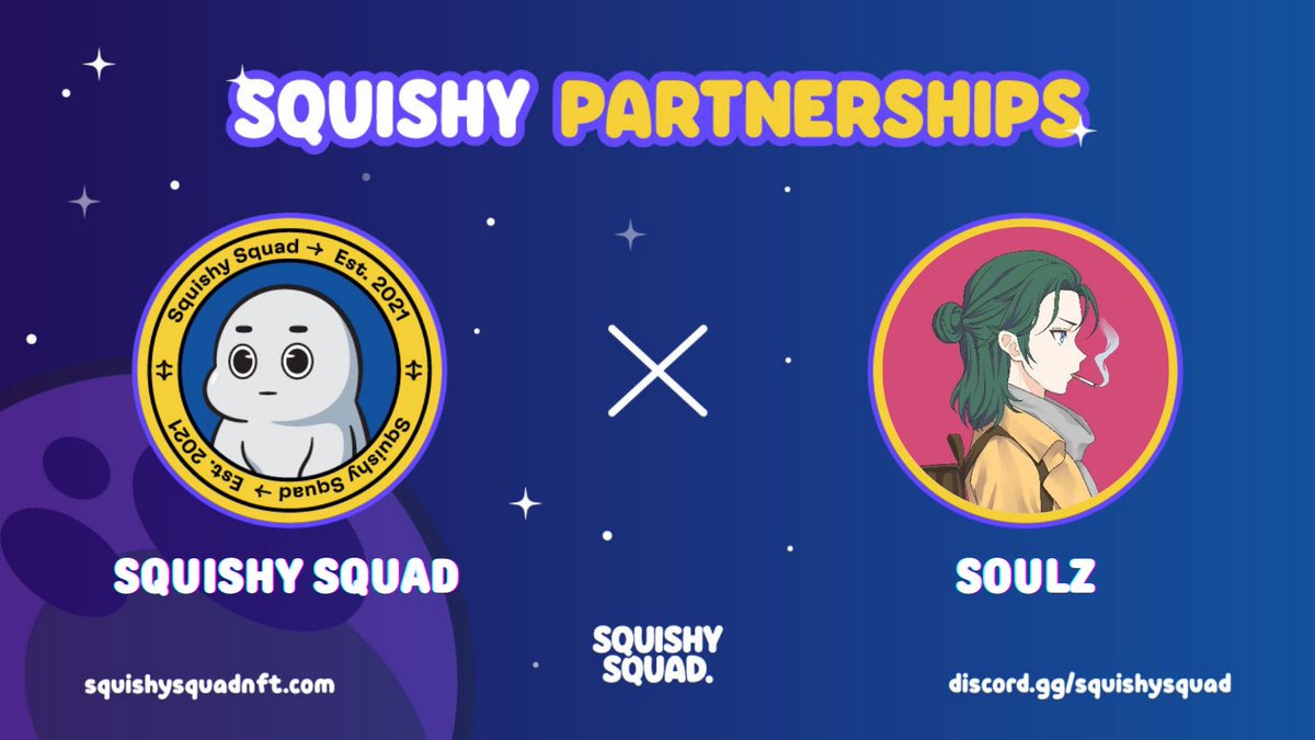 The Squishy Squad is partnering with the incredible <a href="/SoulZ_NFT/">SoulZ Co</a> NFT collection! We have secured whitelist spots for Squad members. More info in our discord! 🚀 
#squishysquad #squishypartnerships