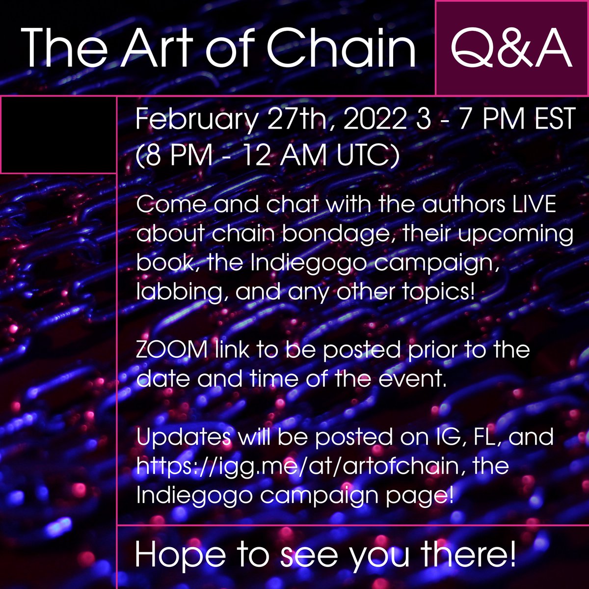 authorsofchain's tweet photo. We're having a #chain #bondage #QandA on 2/27/22. #chains #kinkeducation #bdsmcommunity #bdsmeducation #indieauthor #author #authorsoftwitter #indiegogo #zoom https://t.co/mWZJO7vd45