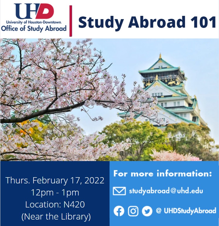 UHDStudyAbroad's tweet photo. Do you know you want to go abroad, but you're not sure exactly where to start? Join our workshop to learn about programs and scholarships. Start your journey abroad with information on virtual internships, Fall 2022, Winter 2022, and Spring 2023. 
RSVP: https://t.co/jdAHz7At3c https://t.co/awz7tL46AQ