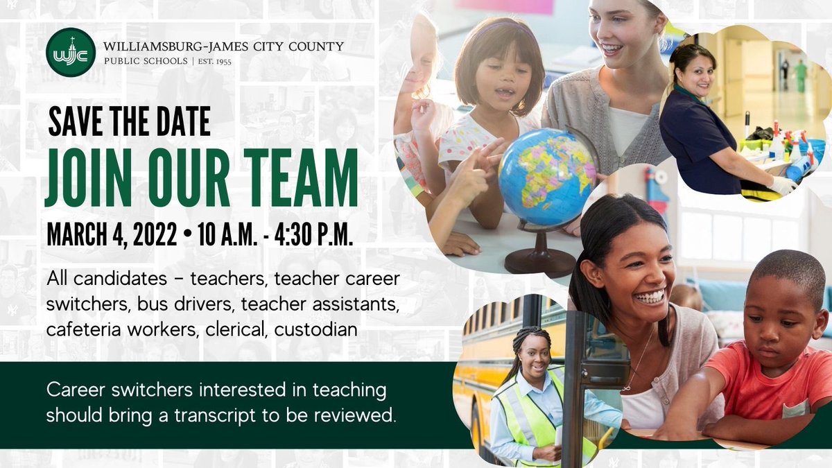 WJCCJobs's tweet photo. We are hiring for immediate openings and the 2022-23 School Year https://t.co/LOtxXbo74y