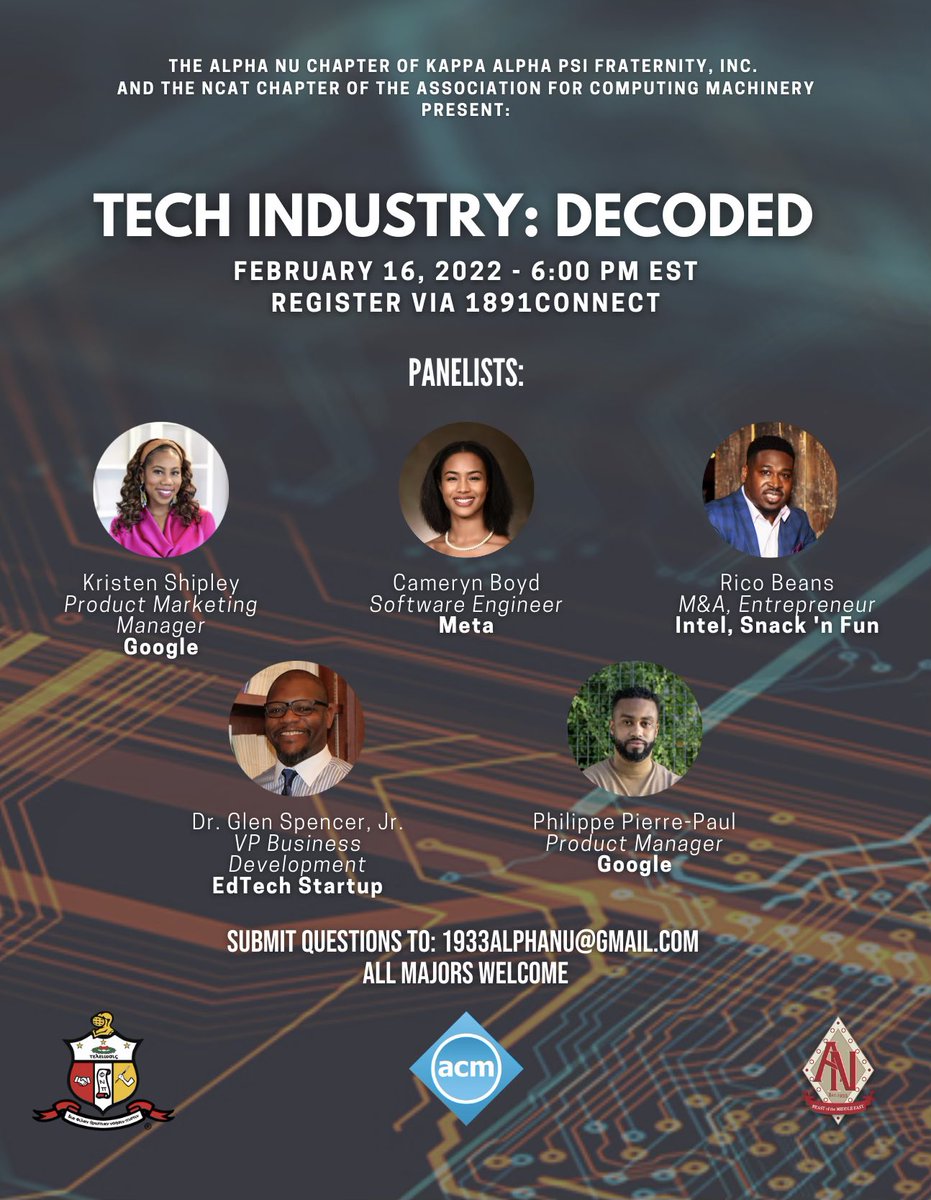 ANu1933's tweet photo. Join the NCAT Chapter of the Association of Computing Machinery and the Alpha Nu Chapter of Kappa Alpha Psi Fraternity, Inc. as we take a dive into the world behind your screen. 

Tech Industry: Decoded will take place February 16, 2022 at 6:00pm EST on Zoom.

Attire: Casual https://t.co/o1j7GQy52G