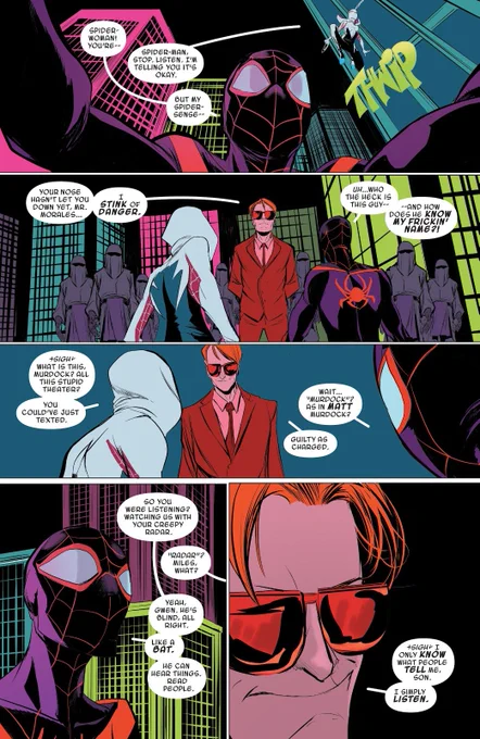 Matt Murdock passive aggressively babysitting Gwen and Miles is the content I deserve and I will go into heavy details 