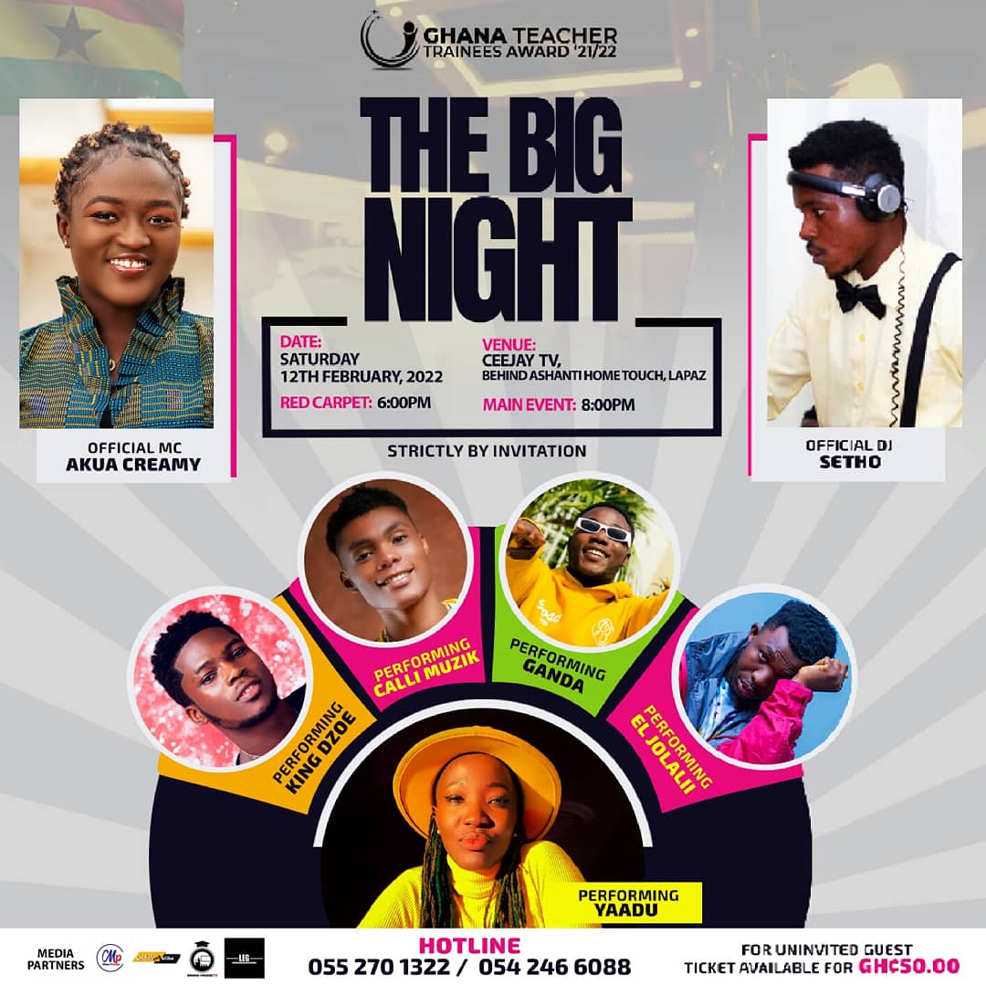 godwinaklika's tweet photo. #AWARDS
Promoting excellence and recognizing hardworking teacher trainees in Ghana.
Saturday 12th February will be the event ceremony of 2022 @ghanateachertraineeaward live broadcast on @ceejaymultimedia

Media
@legendaryentertainment.gh
@ghana_college_tv
@godwinaklika https://t.co/osx2b5aT2O