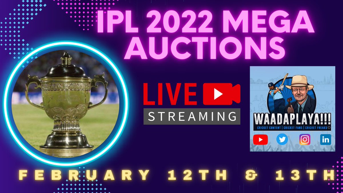 All - Here is the LIVE streaming link (IPLAuctions) on YouTube - starting 11 AM IST - Will be watching along the entire auction. Commentary, reactions, your suggestions - Click here: youtu.be/d2KC7PnQ-KI?su… #TATAIPLAuction #IPLAuction #IPLMegaAuction2022