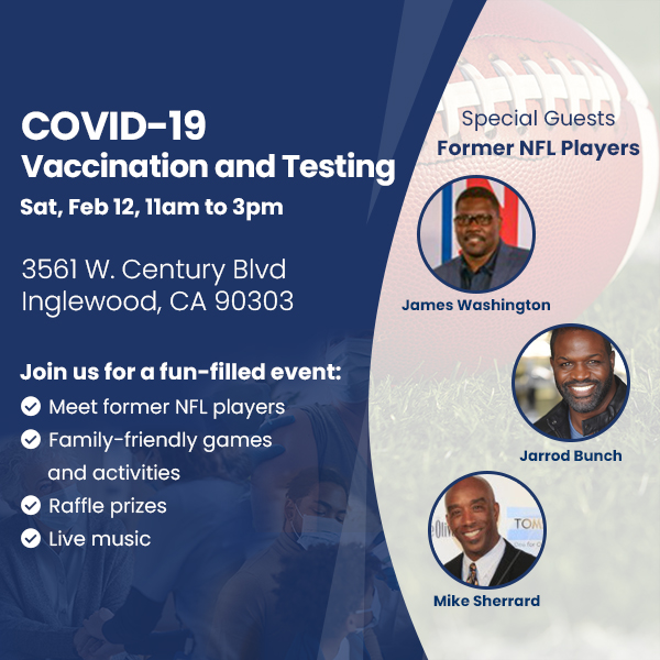 nflajax's tweet photo. Our #NFL brothers from #NFLAlumni SoCal Chapter @NFLAlumniSoCal are hosting @NFLAlumniHealth #community #vaccination event Sat., Feb. 12th, 11am-3pm at 3561 W. Century Blvd. #Inglewood near @SoFiStadium. For more details: https://t.co/ImTH0A00u6 #NFLAlumniHealth https://t.co/EYL0QExnbC