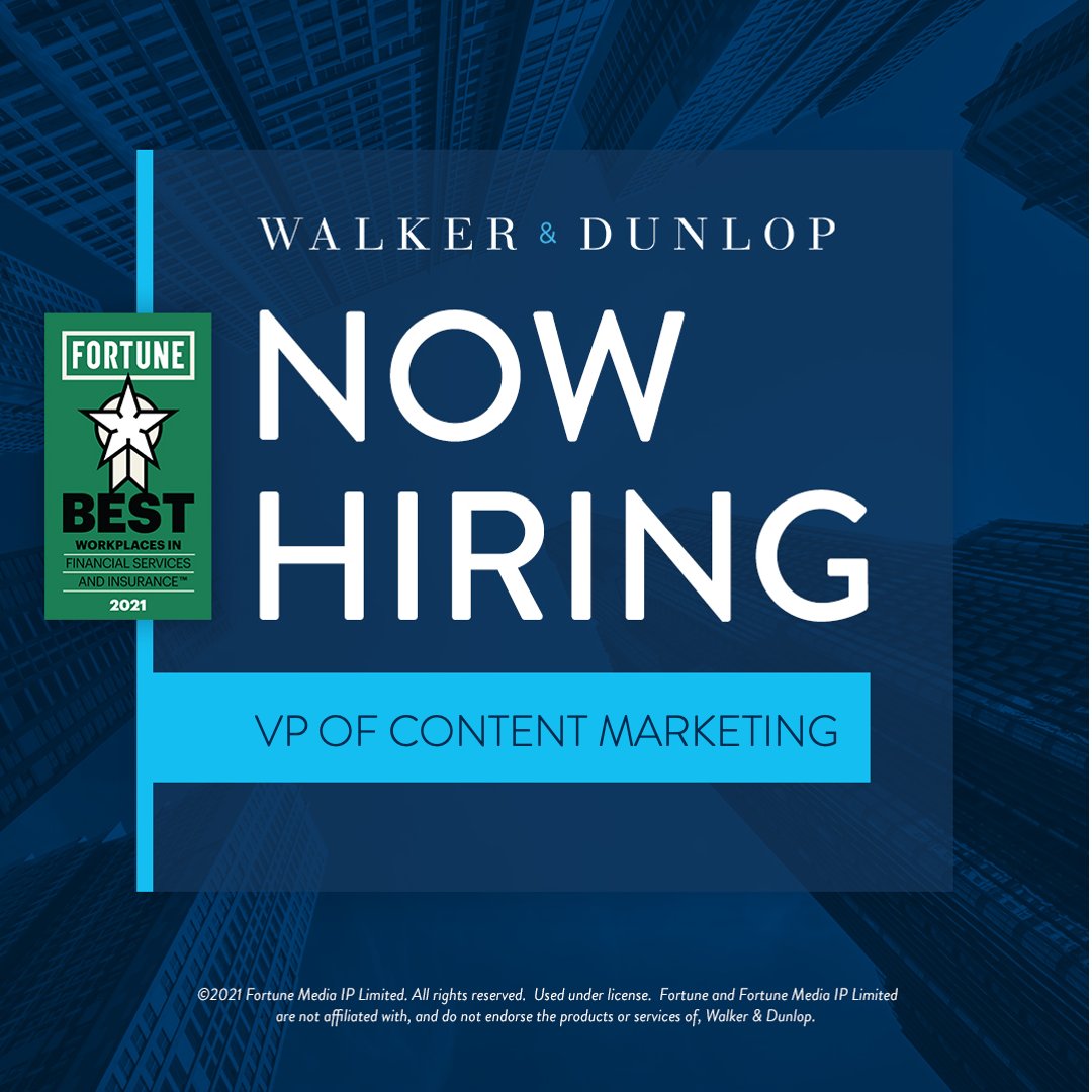 WalkerDunlop's tweet photo. WE'RE HIRING!

W&amp;D is looking for a forward-thinking VP of Content Marketing with multimedia experience to join our award-winning marketing and communications team. 
Apply here: https://t.co/AXubKCZVlG

#marketing #hiringnow #hiringprofessionals #WorkWithWalker #contentmarketing https://t.co/8ihBsGHSxy