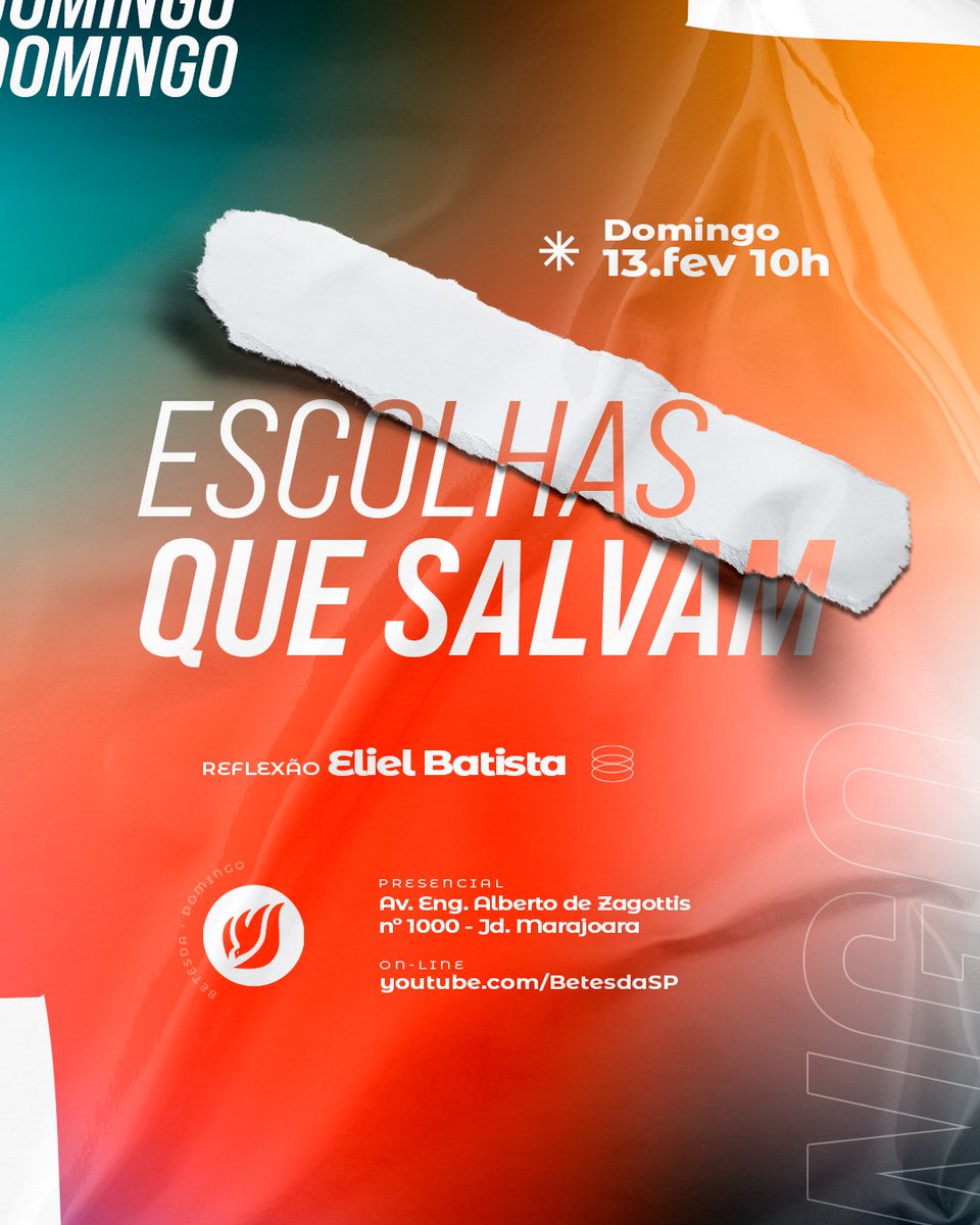 Domingo temos encontro pela manhã!
Vamos celebrar!

Caso não possa comparecer, você pode acompanhar o culto on-line (youtube.com/BetesdaSP). Até domingo.
