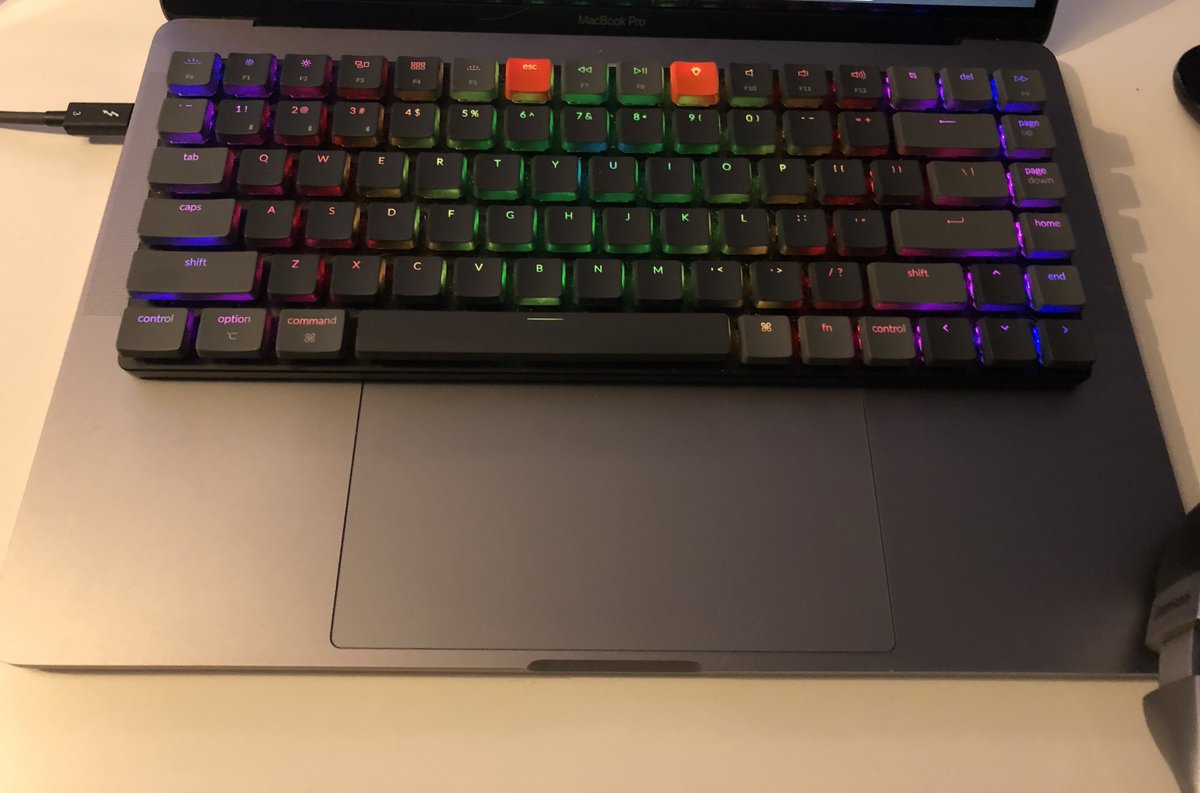 ant_bello's tweet photo. If you don’t like your MacBook butterfly keyboard, or some keys don’t work, or don’t like the Touch Bar and prefer function keys, just put a @KeychronMK low profile K3 right on top of it. Really great typing experience.

But don’t forget to take it off before closing the lid :-) https://t.co/HH8oXcnX8C