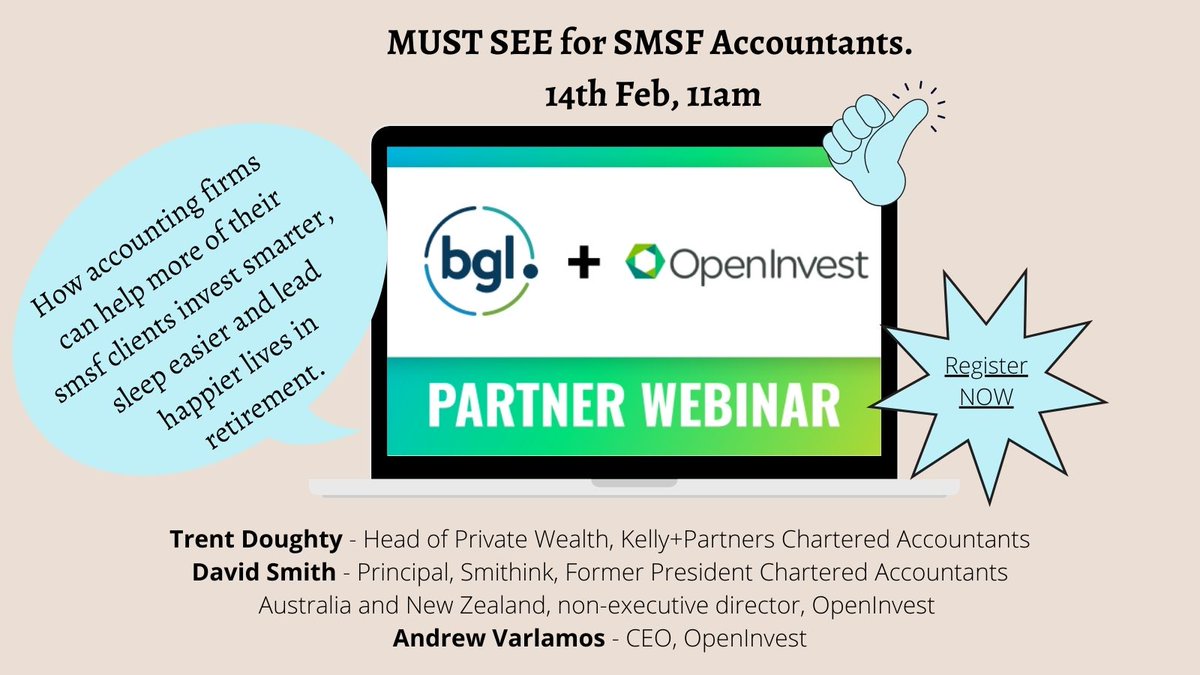 📢WEBINAR for #smsf ACCOUNTANTS - 14th Feb at 11am.

How #accounting firms can help more SMSF clients invest smarter, sleep easier &amp; lead happier lives in retirement

REGISTER:
us02web.zoom.us/webinar/regist…