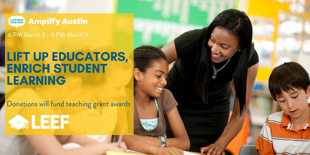 LEEF_TX's tweet photo. Let's lift up our teachers and show them how much we care by funding more grant awards! 🙌 Become a LEEF fundraising champion and create a personal fundraising profile. 😎 Let's support @LeanderISD on Austin's largest day of giving. Learn more at https://t.co/CZdXEIIQDn. 💙💛 https://t.co/WZocdKpaGm