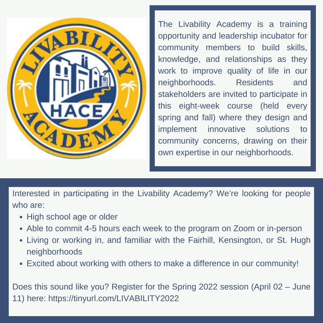 CdcHace's tweet image. Interested in participating in the Livability Academy?
Register for the Spring 2022 session (April 02 – June 11) here: tinyurl.com/LIVABILITY2022