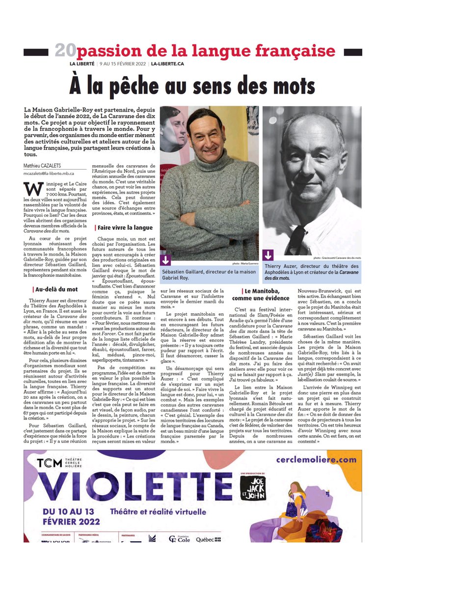 MaisonGabRoy's tweet photo. Merci à la @laliberte_mb pour cet excellent article sur la @Caravane_10mots, ce projet international qui fait rayonner la francophonie à travers le monde #caravanedes10mots #poésie #création #francophonie #languefrançaise #français #textes #Manitoba #Canada https://t.co/1L3YCFQCAn