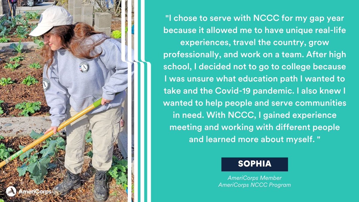 AmeriCorpsNCCC's tweet photo. #ICYMI: It’s Gap Year Exploration Month! Sophia, an @AmeriCorps member in the NCCC program, shares how taking a gap year of service has given her the chance to make an impact in communities while supporting her goals for the future. ⬇ #AmeriCorpsWorks #ExploretheGapYear https://t.co/toYNhZysbb
