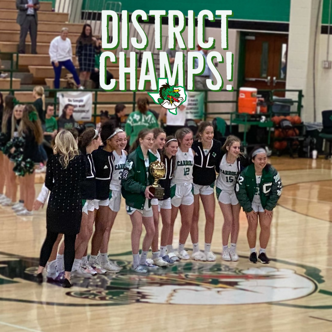 Carrollisd's tweet photo. It's been a great week to be with @LadyDragonBKB!🐉🏀🏆 Not only did our Varsity team earn the title of District Champs earlier this week, but our 7th and 8th grade teams at Carroll Middle were also District Champs! We are #DragonProud! https://t.co/tVqaeWDQu7