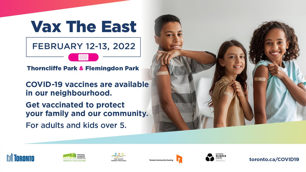 📣 #VaxTheEast kicks off TODAY from 8 a.m. to 7:30 p.m. at Thorncliffe Park Community Hub &amp; <a href="/OntScienceCtr/">Ontario Science Centre</a>! Come get your 1st, 2nd, 3rd or kids #COVID19 vaccine dose and have a chance to win some great giveaways from #TeamToronto! More info: tehn.ca/VaxTheEast