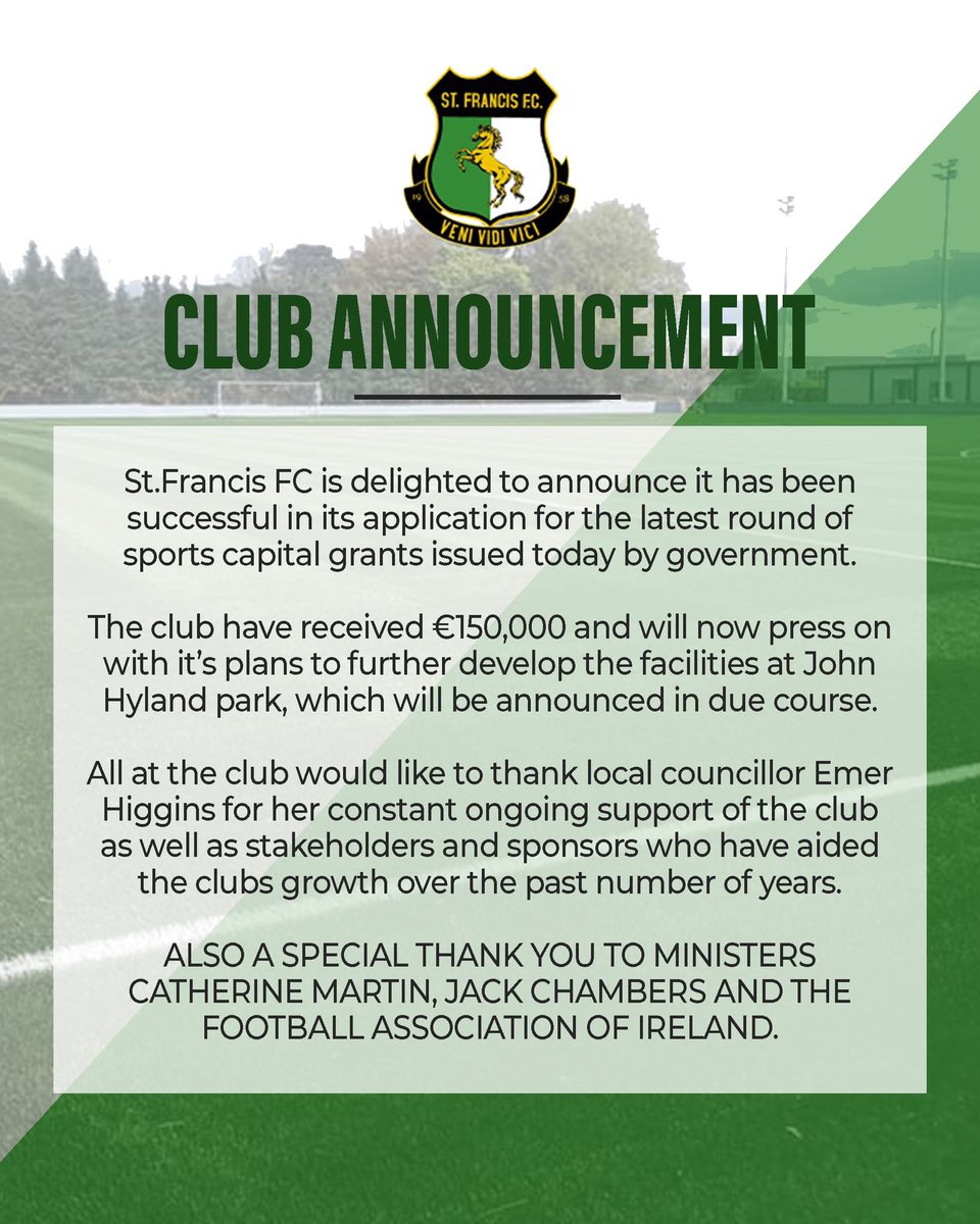 DavidJBergin's tweet photo. @StFrancisFC Big News thanks to ministers Catherine Martin and Jack Chambers for backing our plans. And @FAIreland for supporting clubs in the application process 🟢⚪️🟢⚪️⚽️⚽️ https://t.co/wbiDe0iq0a
