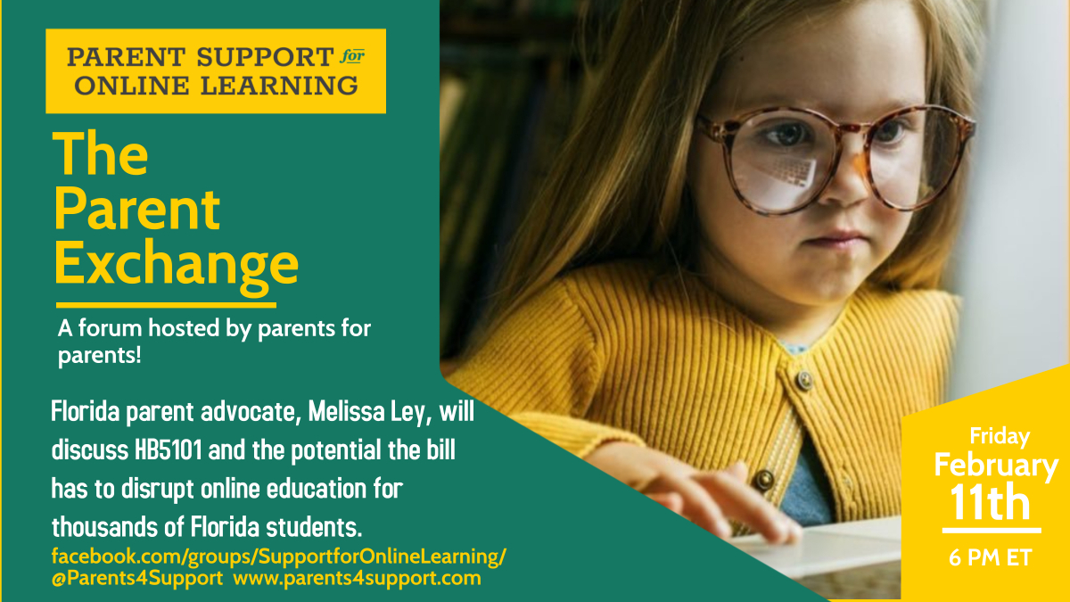 The Parent Exchange is live today at 6 pm ET. Join us as we discuss #onlinelearning, #virtualschools, and potential threats to #schoolchoice in #Florida with parent advocate, @MelissaLey7. 
Watch here: facebook.com/groups/Support…