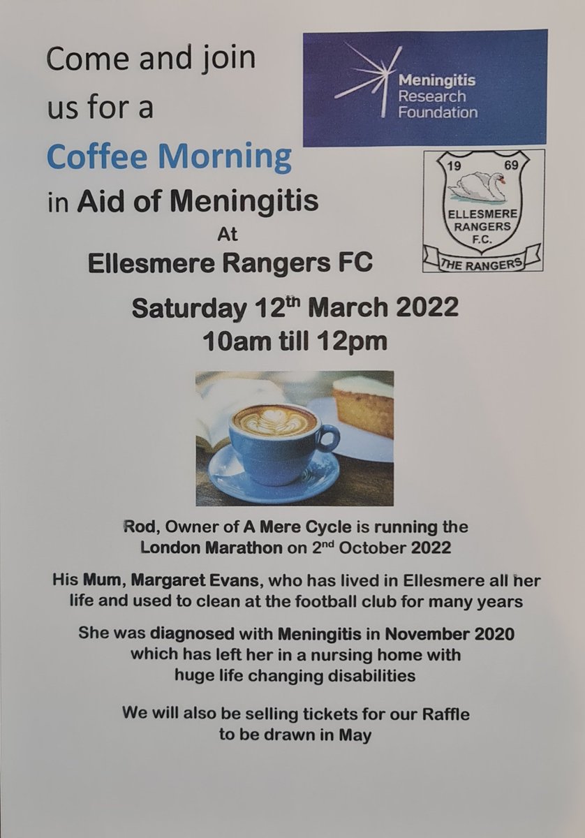 rodevans6's tweet image. I ve got a Coffee morning arranged thanks to @EllesRangers_FC in Aid of @M_R_F I am running the London Marathon this year and looking forward to it. 
justgiving.com/fundraising/ro…

#LondonMarathon2022 #SupportIsEverything  @VisitELLESMERE