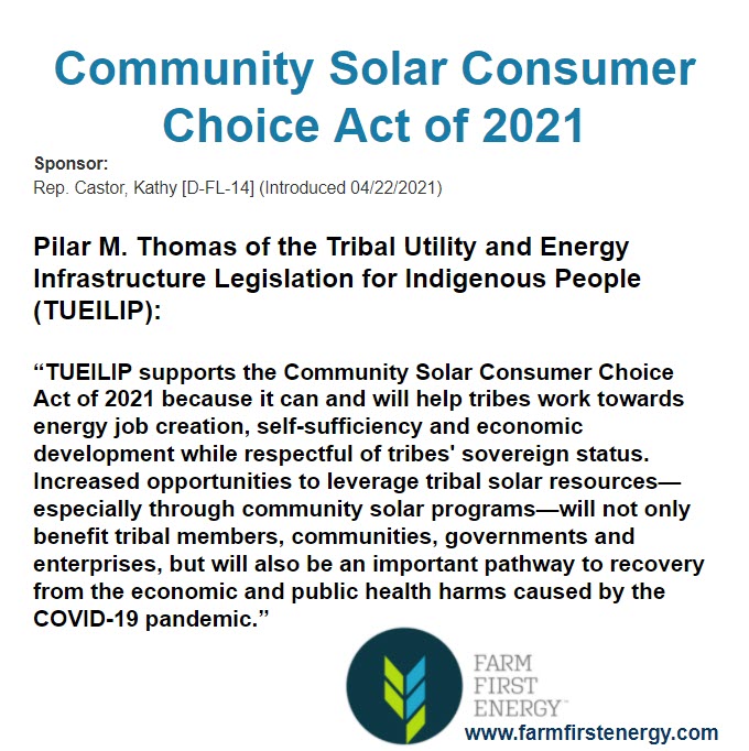 FarmFirstEnergy's tweet image. See what Pilar M. Thomas of the Tribal Utility and Energy Infrastructure Legislation for Indigenous People (TUEILIP) is saying about the Community Solar Consumer Choice Act of 2021.
#CommunitySolar