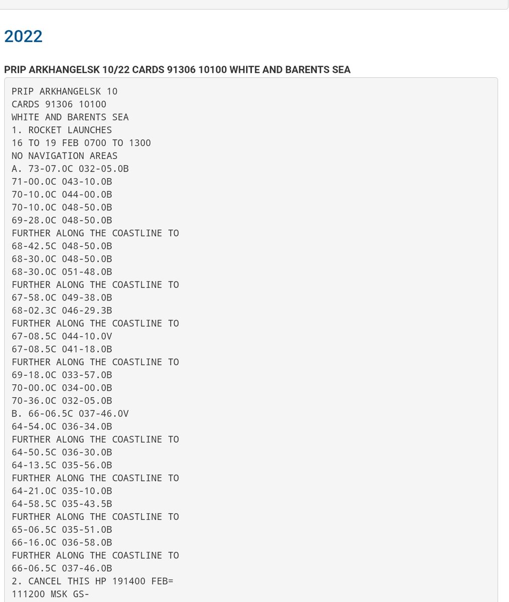 The_Lookout_N's tweet photo. Here are PRIPs/NAVWARNs issued today for the Barents-, White Sea, and the Nenets coast for next week, most labeled "Rocket Launches".
42/22 may indicate something from Plesetsk.
Overall, not as I expected for GROM, but that is a possibility.
No corresponding NOTAMs issued yet. https://t.co/ofQ53jvS9W