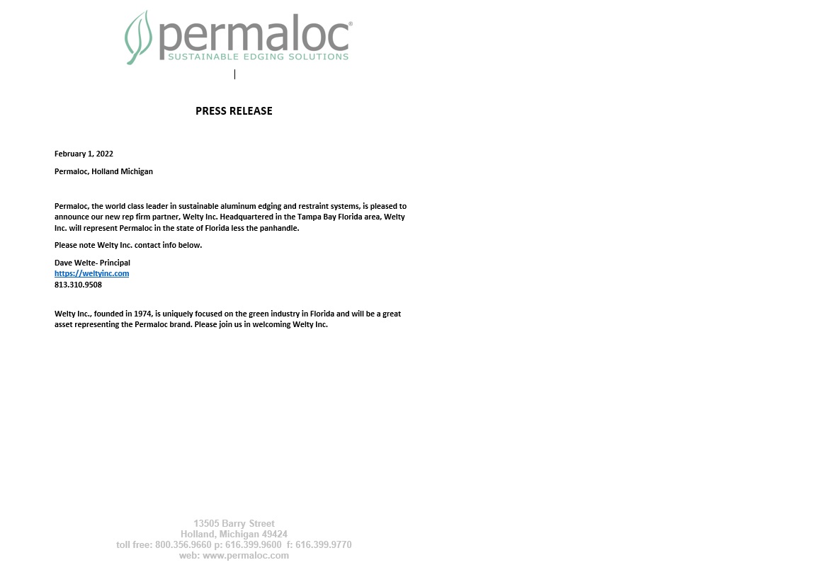 Please welcome Welty Inc.: David Welte, Brent Burke, Bobby Johnson and Frank Tolton as the newest Rep Firm Partner with Permaloc Corporation

#reps #florida #landscapearchitecture #landscapecontractors #distributors