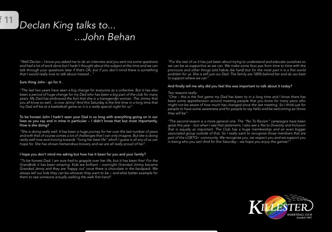 TENI_Tweets's tweet image. In @KillesterBball program, for their game vs DCU Mercy tomorrow, there’s a wonderful interview with John Behan about his Dad Jenny Behan’s coming out &amp;amp; how important family &amp;amp; basketball have been for her. Wishing Jenny &amp;amp; Killester all the best in the game #transallies #family