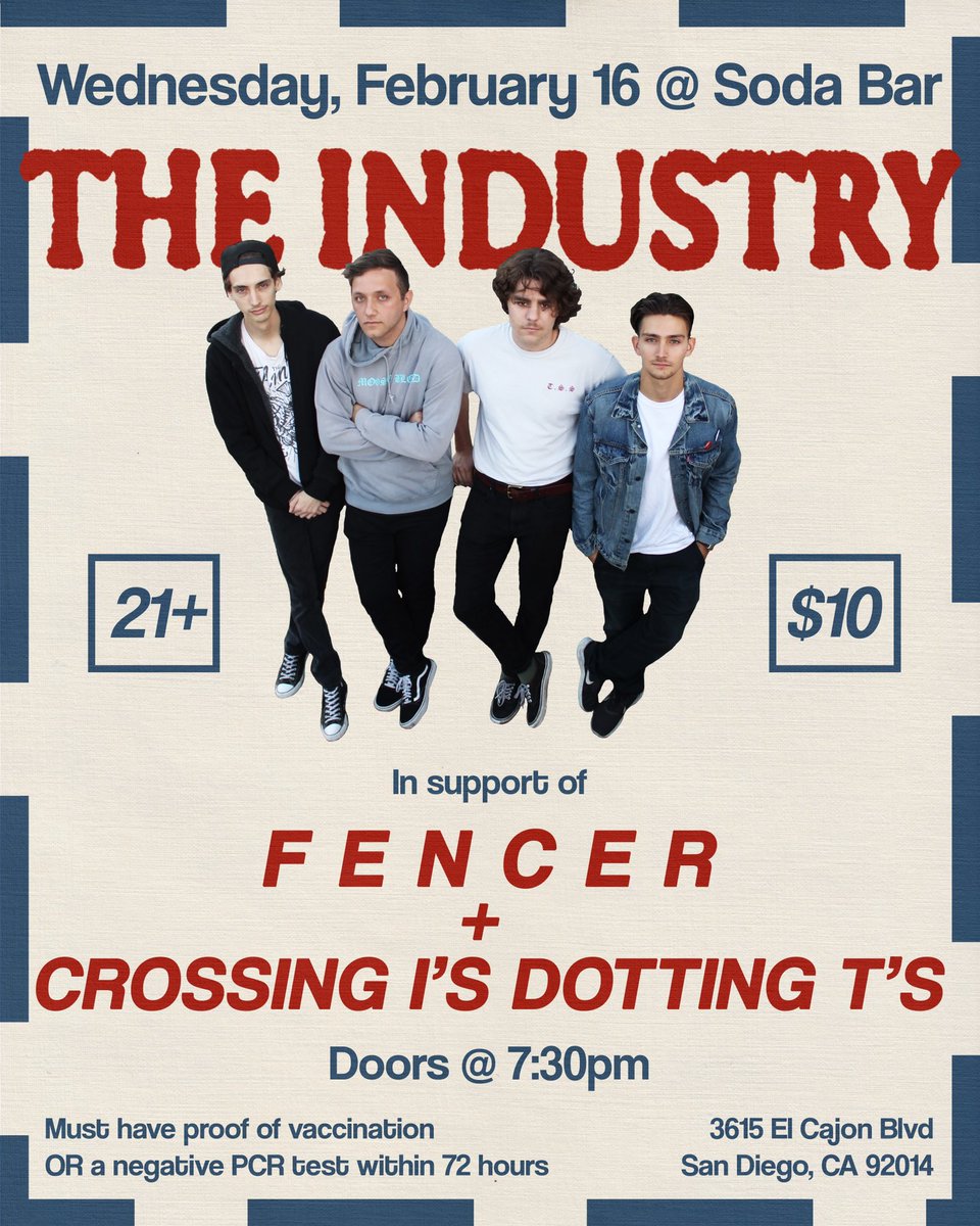 We’re excited to announce our first show of 2022 on February 16 <a href="/SodaBarSD/">SODA BAR</a>! We’ll be playing with <a href="/fencerband/">Fencer</a> and Crossing I’s Dotting T’s help kick off their West Coast Tour! Doors are at 7:30pm, tickets are $10. Gonna be one hell of a night, see you all there! Tickets in bio!!