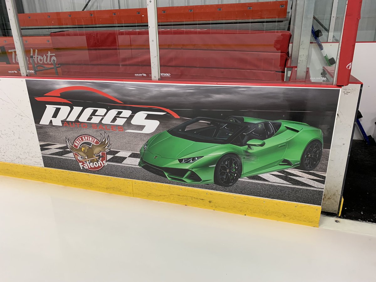 HSFalconHockey's tweet photo. Our sponsor logo is up in the @townofparadise Double Ice Complex just in time for us to get back on the ice. Thanks to Riggs Auto for your support of our dressing room. https://t.co/AukV13DSId