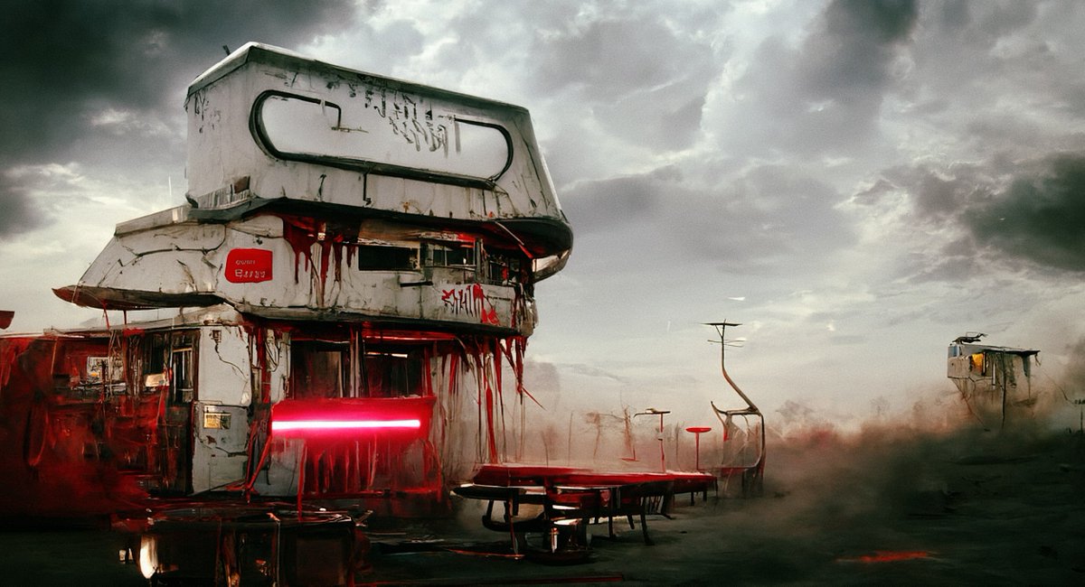 pharmapsychotic's tweet image. bad news: my #neuralism entries lost in the first round. good news: i can share them now 🙂

left: a walk up frozen custard shop 🍦
right: roadside diner 🍔🍟 with outdoor tables + condiments 😄

solar generators have kept lights on long after the proprietors disappeared

#aiart