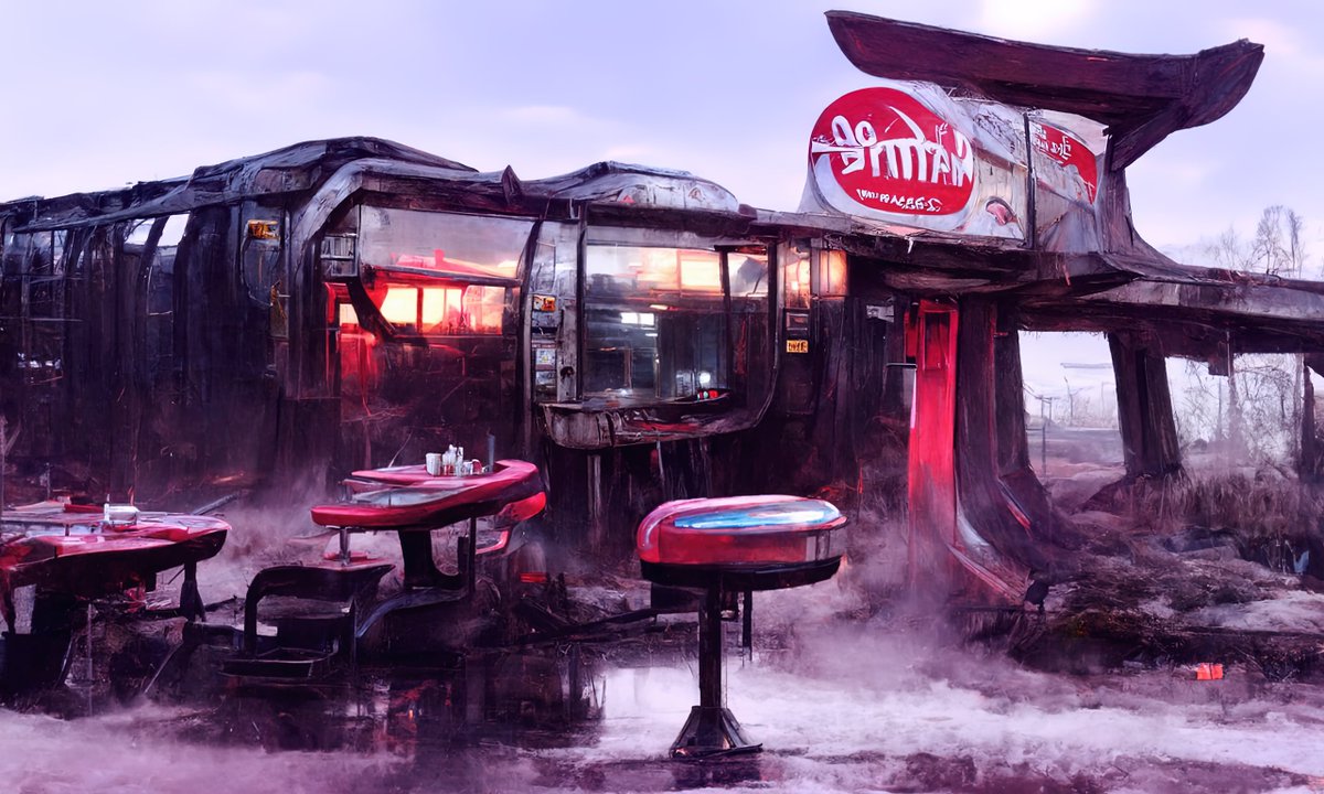 pharmapsychotic's tweet image. bad news: my #neuralism entries lost in the first round. good news: i can share them now 🙂

left: a walk up frozen custard shop 🍦
right: roadside diner 🍔🍟 with outdoor tables + condiments 😄

solar generators have kept lights on long after the proprietors disappeared

#aiart