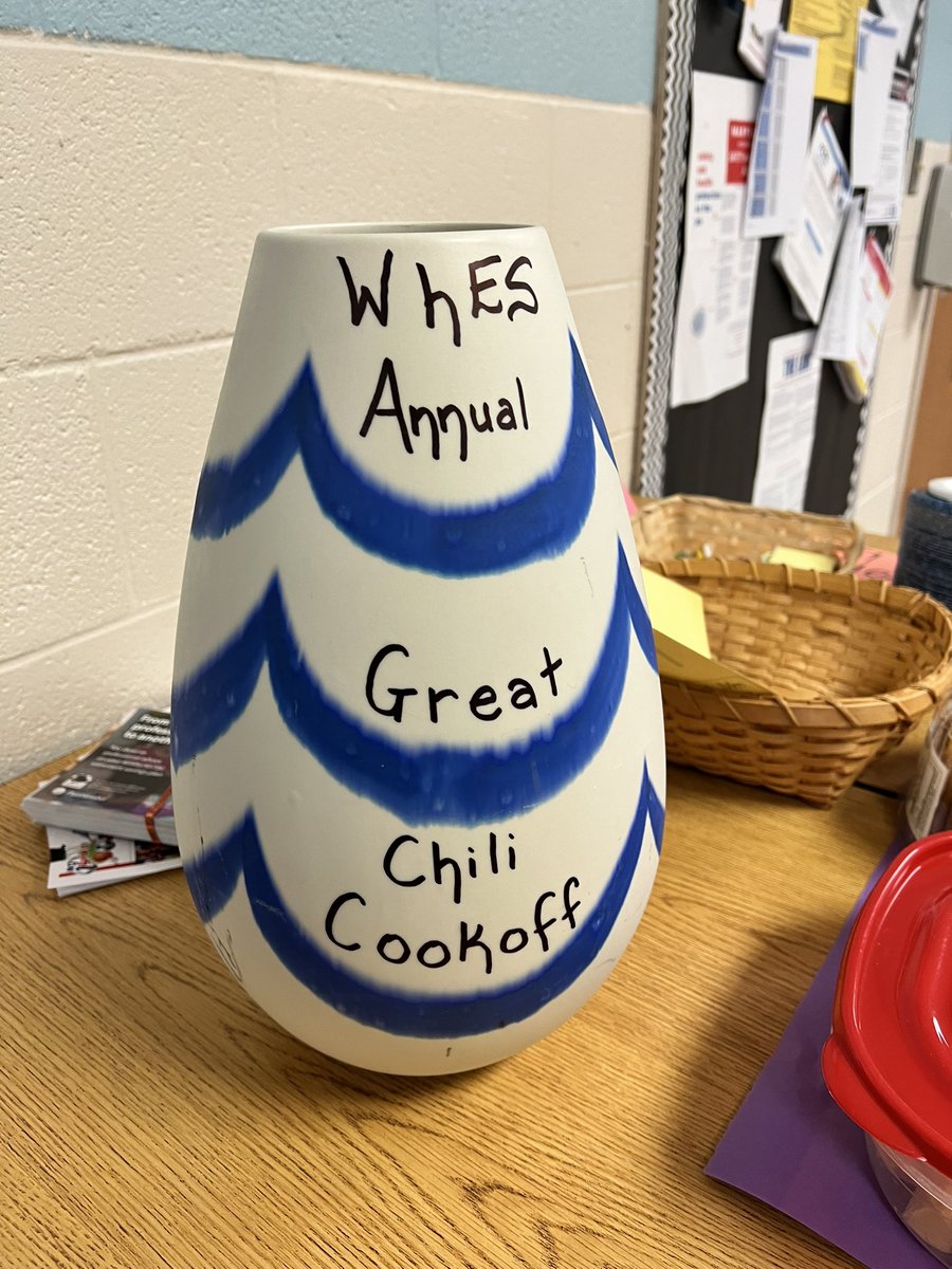 WHESMediaFCPS's tweet photo. Our staff chili cook-off was a hit!   Congrats to our School Counselor @llreese001 for winning first place.  🏆She gets to show off the brilliant trophy made by @fcpsOhEithir ! https://t.co/f04685hHWu