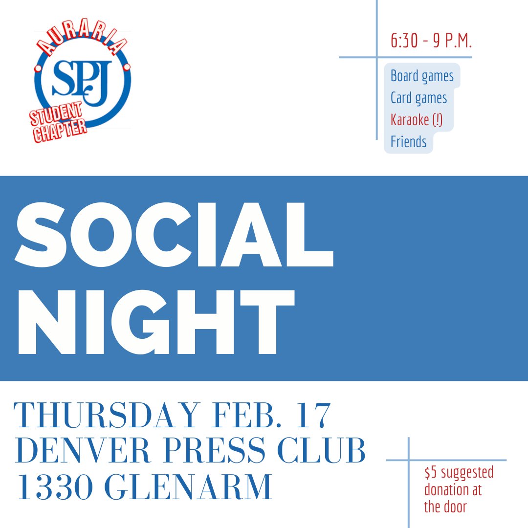 spjauraria's tweet photo. ๐ Join the SPJ Auraria student chapter for a fun night of games, karaoke and pizza! ๐ Hope to see you Thursday!
#msudenver #ccdedu #cudenver #SPJ #journalism #msudenverjmp #denverpressclub #karaoke https://t.co/SDGLMUzzkE