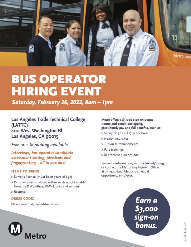 LACBAveterans's tweet image. On February 26th from 8am-1pm, Metro is having an event to hire Bus Operators. There is an opportunity to earn a sign on bonus! #HiringEvent #BusOperator #jobopportunity