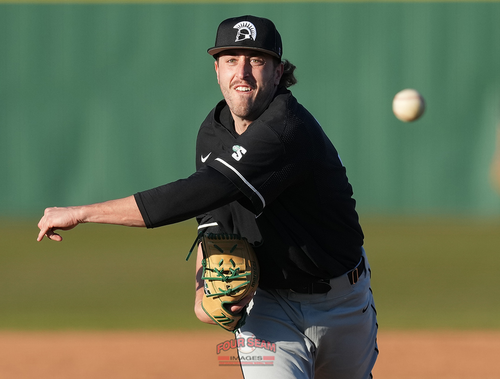 Reilly Kirkpatrick (36) of the USC <a href="/UpstateBSB/">USC Upstate Baseball</a> Spartans as he delivers a pitch in an intrasquad scrimmage on Thursday, February 10, 2022, at Cleveland S. Harley Park in Spartanburg, South Carolina. (Tom Priddy/Four Seam Images)