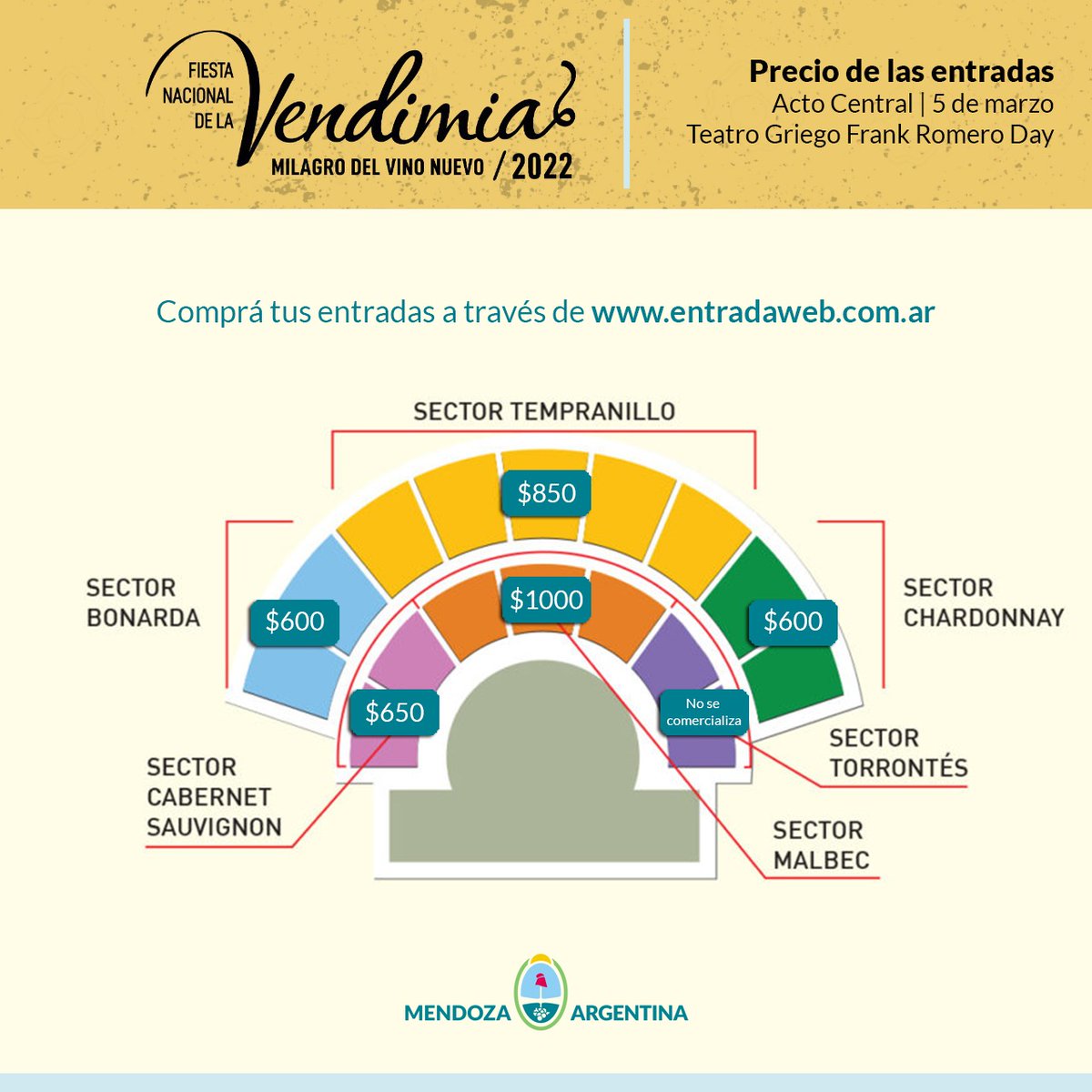 🎟️Desde el 12 de febrero, vas a poder comprar las entradas para el Acto Central, Segunda y Tercera Noche de la Fiesta Nacional de la Vendimia 2022, "Milagro del vino nuevo", a través de entradaweb.com.ar

Sigue