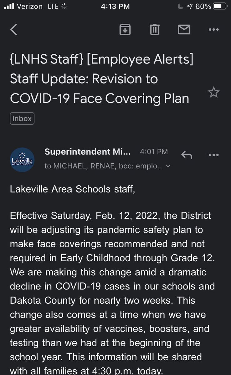 Excellent news <a href="/LakevilleAreaPS/">Lakeville Area Schools</a>