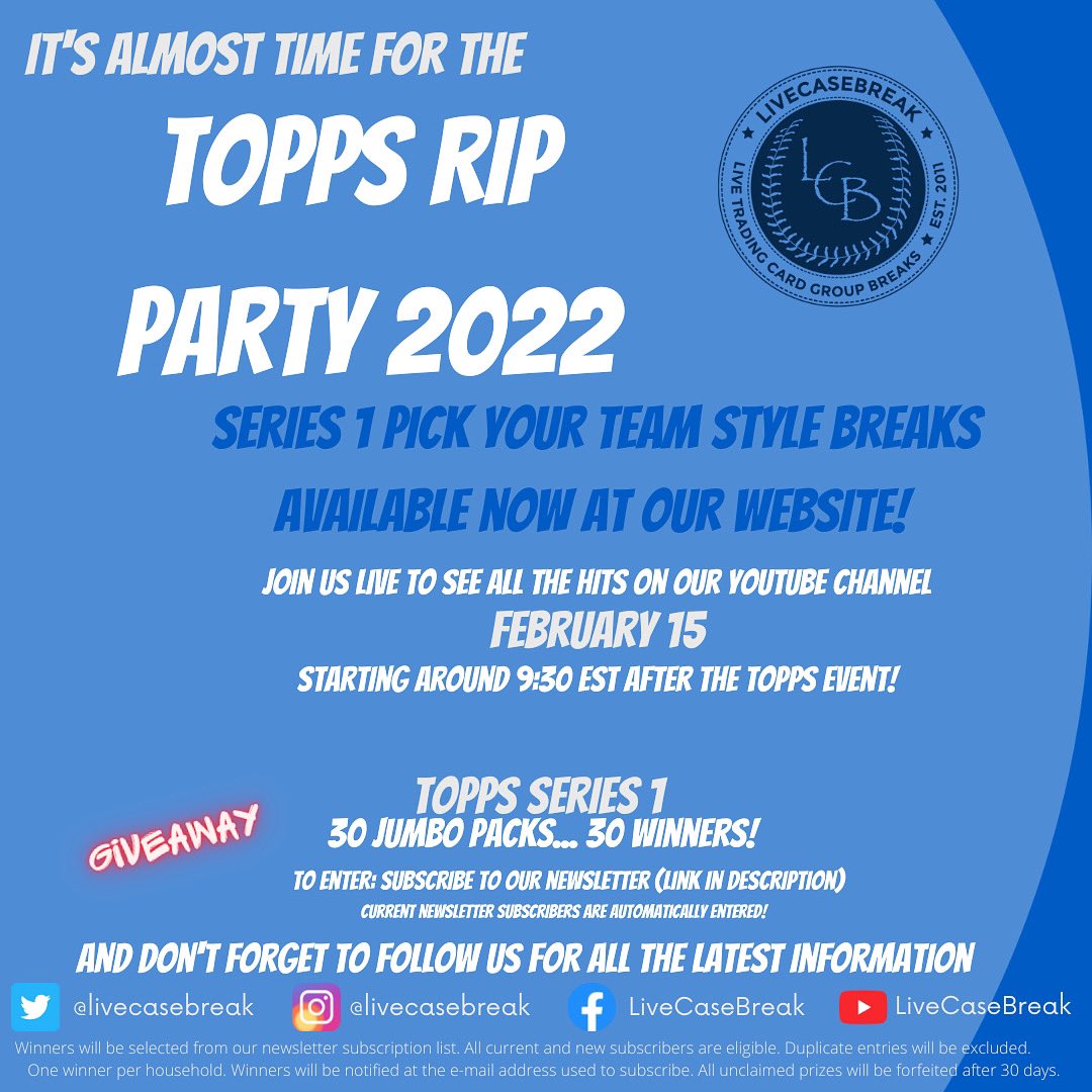 LiveCaseBreak's tweet photo. Just a few more days until the #ToppsRipParty! We’ve got Series 1 in the store breaking Tuesday night! Grab your teams now at https://t.co/3QueDoQbaY! #Topps #CollectBaseballCards #ToppsBaseball #BoxBreaks #CaseBreaks #SportsCardBreakers @Topps https://t.co/14LimNHddq