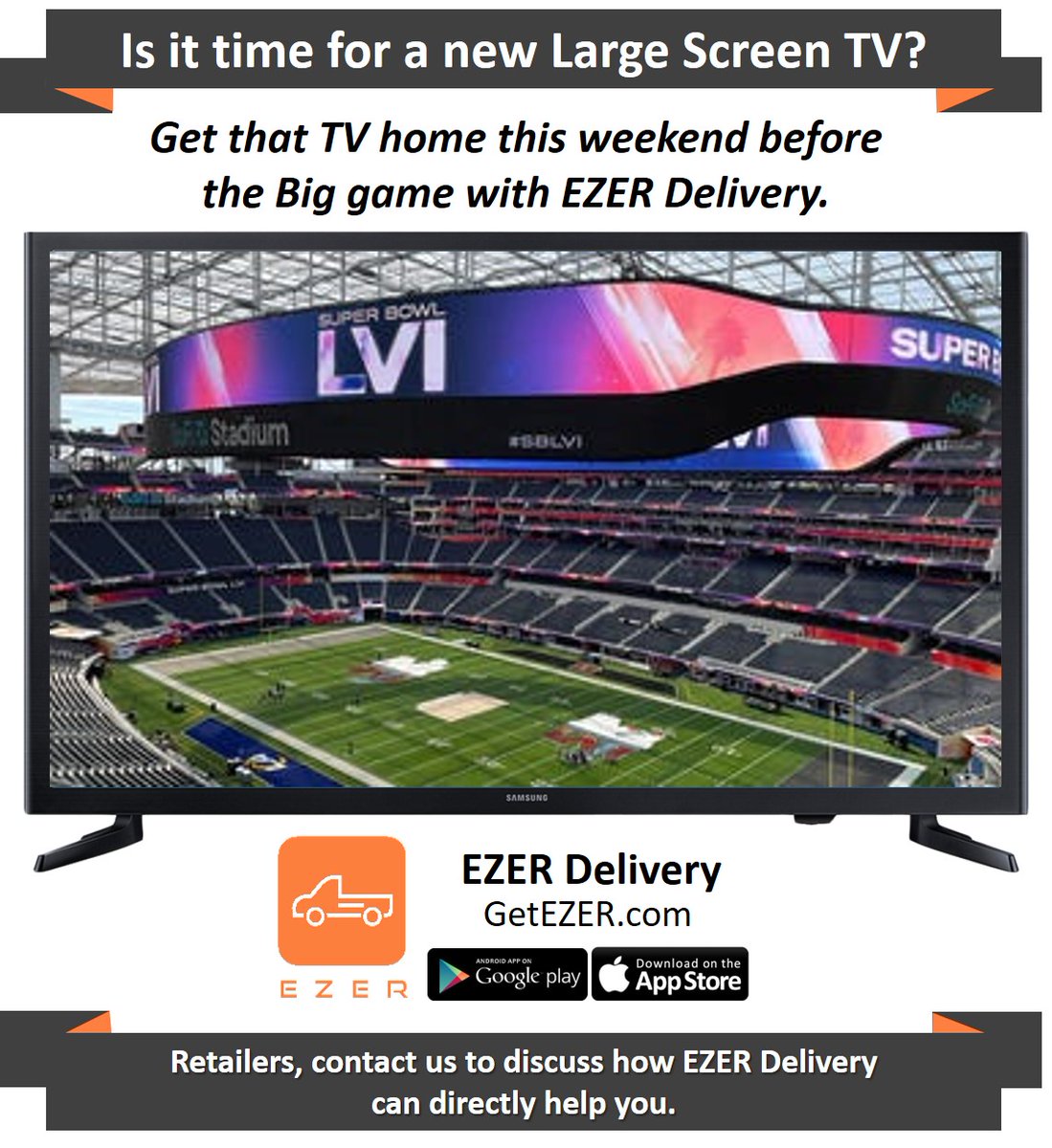 GetEZER's tweet photo. Are you ready for the game?
     
#SameDayDelivery #LocalDelivery #Shopping #HomeDelivery #StoreDelivery #DeliveryApp #DriverApp #share #Superbowl #SoCal #LA #IE #OC #Phoenix #Dallas #Houston #Chicago #Miami #Tuscaloosa #MIN #LasVegas #Reno #Delivery #EZERDelivery https://t.co/8KUgPIIkRo