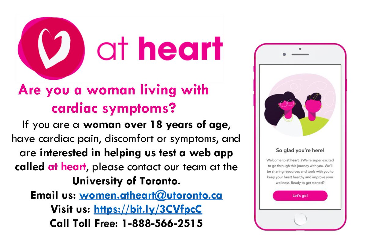 Please share! Seeking Canadian women 19+ for a study examining the feasibility of using a WebApp to self-monitor cardiac pain/discomfort/symptoms and manage women’s health and well-being.  #cardiotwitter #HerHeartMatters #heartresearch #Canadianheart