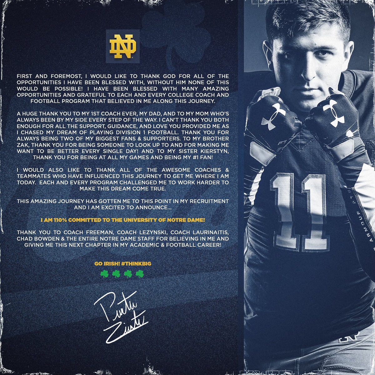 I’m 110% COMMITTED to The University of Notre Dame!! #GoIrish #ThinkBig #IrishRising23 ☘️☘️ <a href="/NDFootball/">Notre Dame Football</a> <a href="/Marcus_Freeman1/">Marcus Freeman</a> <a href="/JLaurinaitis55/">James Laurinaitis</a> <a href="/CCRaider_HS/">Central Catholic HS</a> <a href="/CCRaider_FBall/">CCHS Football</a>