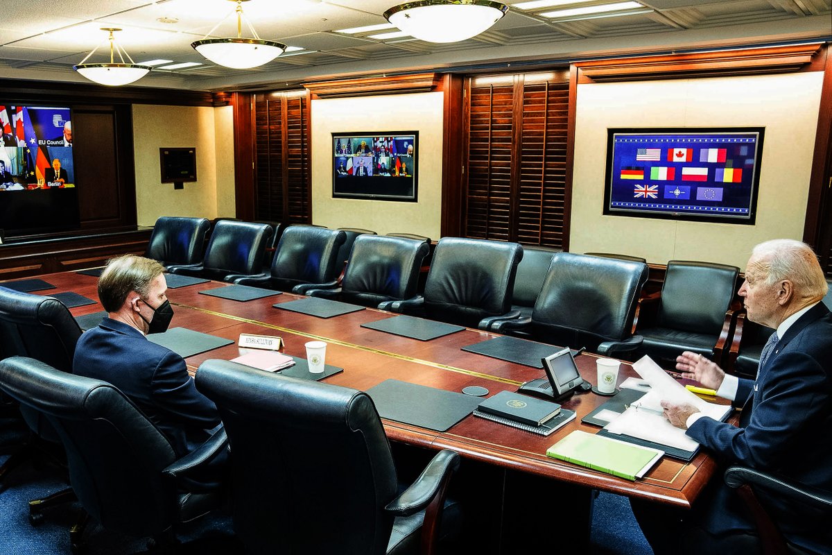 POTUS46Archive's tweet photo. I spoke today with transatlantic leaders to discuss our concerns about Russia’s military build-up around Ukraine. We are united in our diplomatic efforts and deterrence measures and are ready to impose massive economic costs if Russia chooses further aggression. https://t.co/AC9FrTS9qN