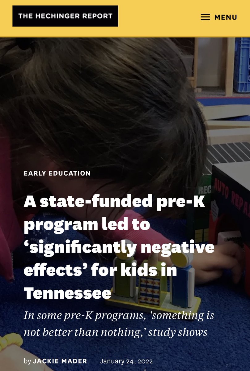 Have you heard about the “new” findings from the Tennessee #PreK study? And seen attention grabbing headlines like these? 

Is it time to rethink everything? 

tl;dr: no.

Here’s a brief-ish 🧵 on my thoughts… 1/n