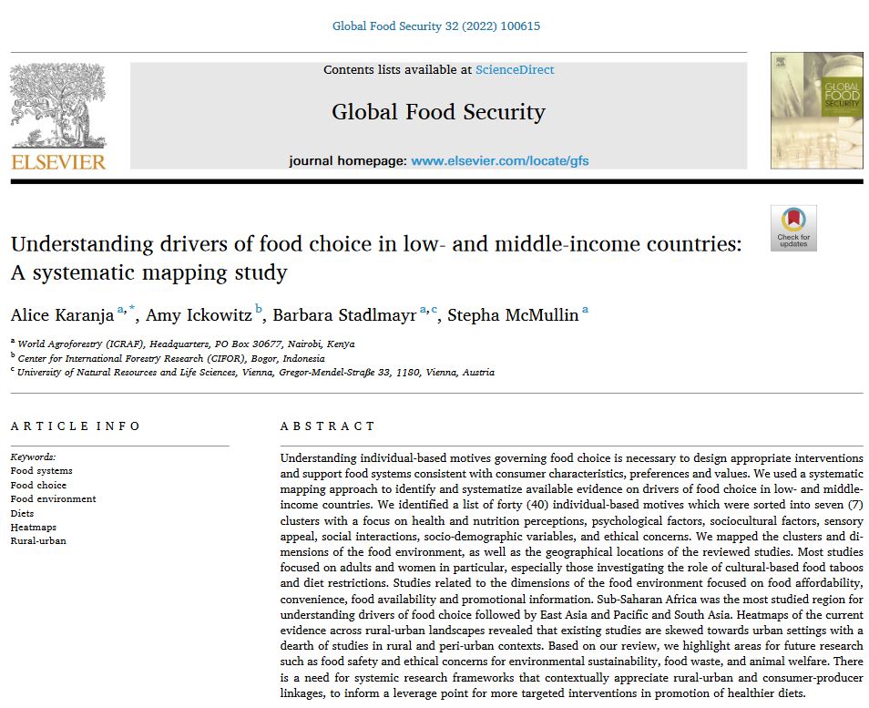 🔥#HOTOFFTHEPRESSES🔥 Always something new to learn about #driversoffoodchoice, especially in #LMICs‼️ Check out this new review piece by #DFCgrantee & @CGIAR @CIFOR researcher Dr. Amy Ickowitz & colleagues at @ICRAF @BOKUvienna in @Journal_GFS: sciencedirect.com/science/articl…