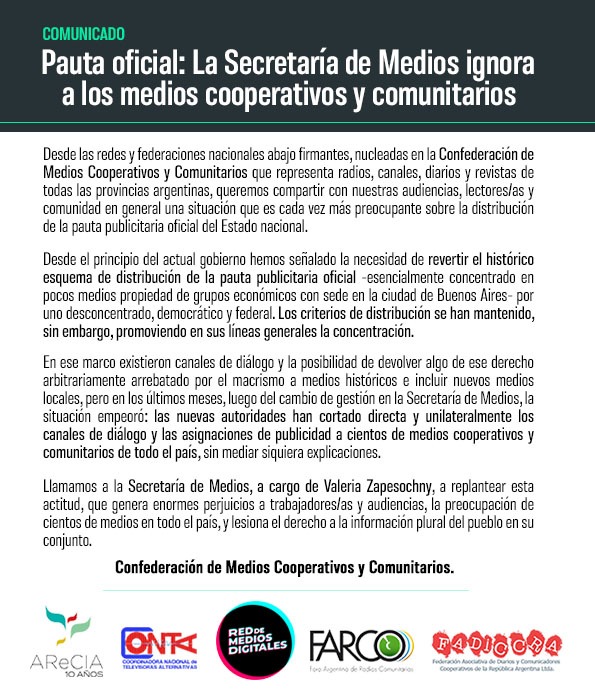 farcoargentina's tweet photo. Queremos compartir con nuestras audiencias, lectores/as y comunidad en general una situación que es cada vez más preocupante sobre la distribución de la pauta publicitaria oﬁcial del Estado nacional. 

#DemocratizarLaPauta para #FederalizarComunicaciones https://t.co/NZELsfUCKt