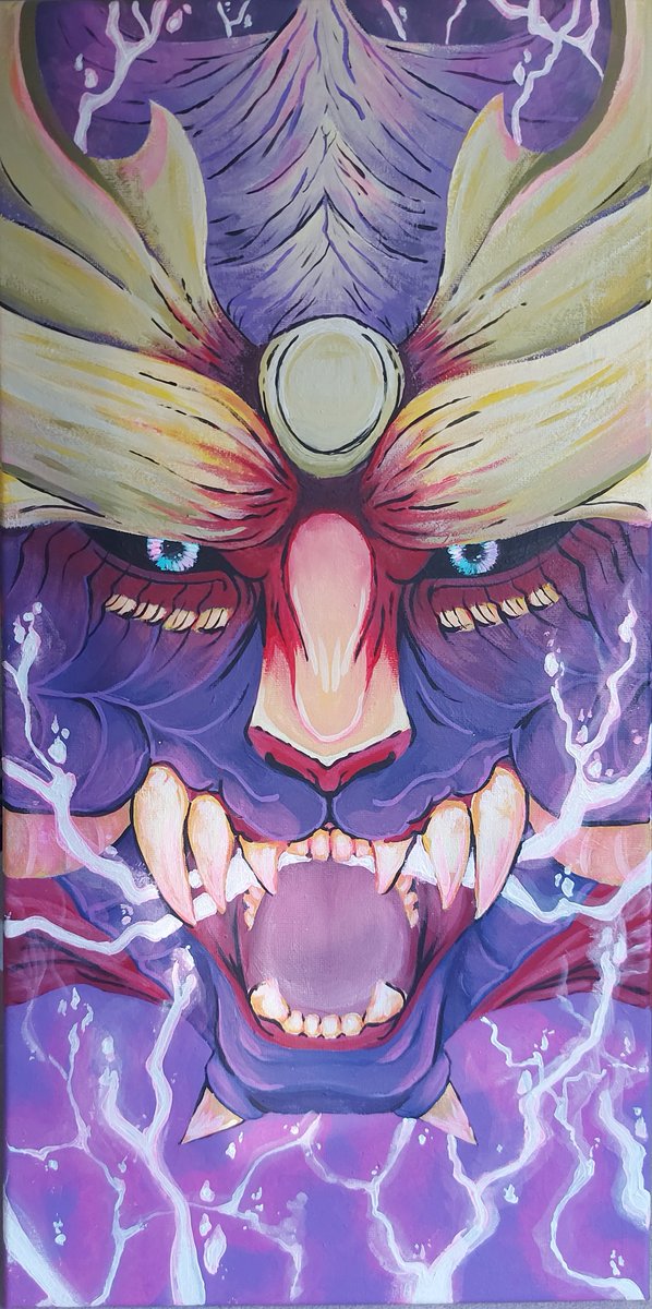aniashes's tweet image. I finished a painting today, it's been so long. 🤧  #Magnamalo from #MonsterHunterRise I will be sent to my friend who first got me into the #MonsterHunter series 
20"x10" acrylic on canvas