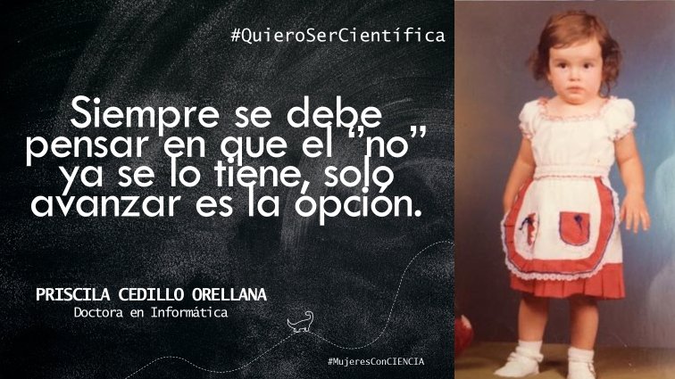 "Siempre se debe pensar que el NO ya se lo tiene, solo avanzar es la opción" Priscila Cedillo, Doctora en Informática es una mujer que inspira a nuevas generaciones.
#ConCIENCIAdeMujer #11F2022 <a href="/CientificasEC/">👩🏽‍🎓CientíficasEcuador🇪🇨</a>
 <a href="/OpenlabEc/">OpenlabEC</a> <a href="/wist_ecu/">WIST</a> <a href="/CatalisisEc/">CatalisisEc</a> <a href="/onumujeresEcu/">ONU Mujeres Ecuador</a> <a href="/NoMoreMatildas/">NoMoreMatildas</a>