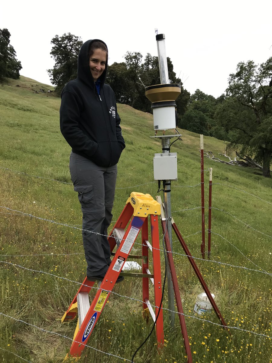 A women scientist checks on a research instrument in the field.