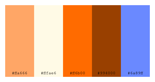 ColPaletteBot's tweet photo. Beep beep, here's a pretty color palette for you!
color-scheme.js parameters used:
- hue: 243
- variation: hard
- colors: #ffa666, #fffae6, #ff6b00, #994000, #6a89ff
Have a lovely evening!
#twitterbot #colorpalette #colors #palette #prettycolors https://t.co/xTn6JUDpXU