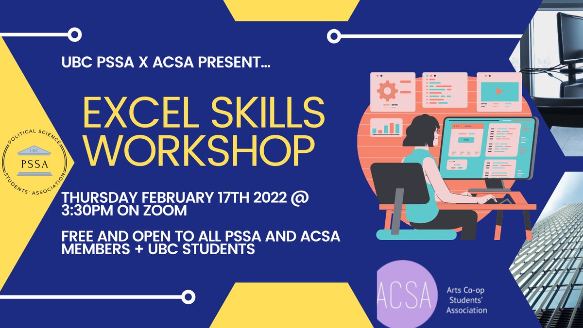 UBCACSA's tweet photo. We've teamed up with UBC PSSA to present our Excel Skills Workshop on Feb 17, from 3:30-5pm through Zoom. Open to all students and beginners are welcome.

Sign up here to receive the workbooks and materials: https://t.co/5NeTDLLfCT https://t.co/0WzQ9SruYW